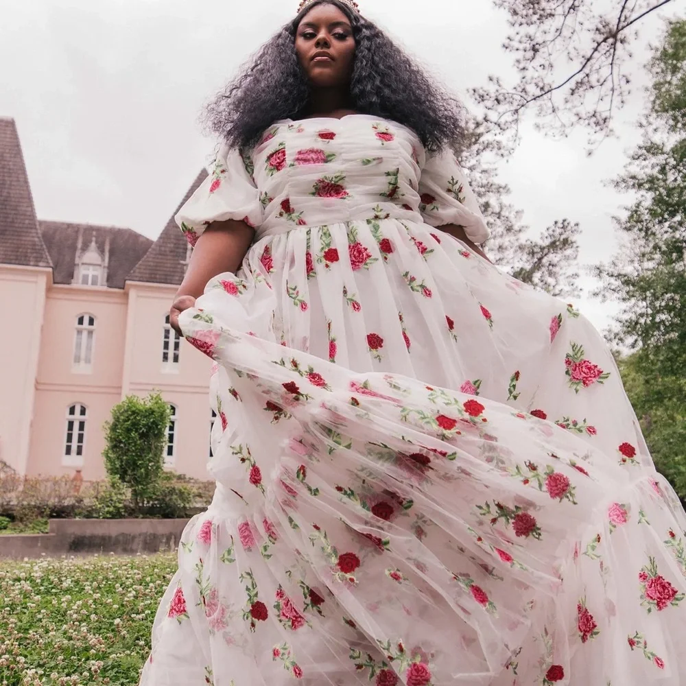 NWT Jessakae Charlotte White tulle maxi dress with red and pink roses - Picture 7 of 8